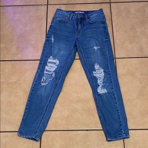 blue ripped,high rise mom jeans